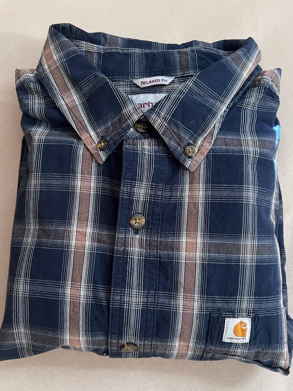 Carhartt Men’s Navy and Brown Plaid Button-Down Shirt